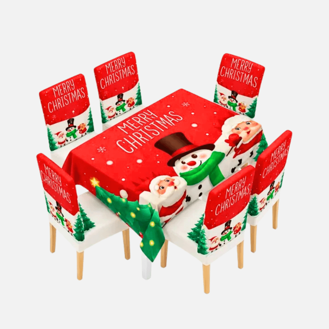 Set Navideño de Mantel y 6 Fundas para Sillas – 7 Piezas