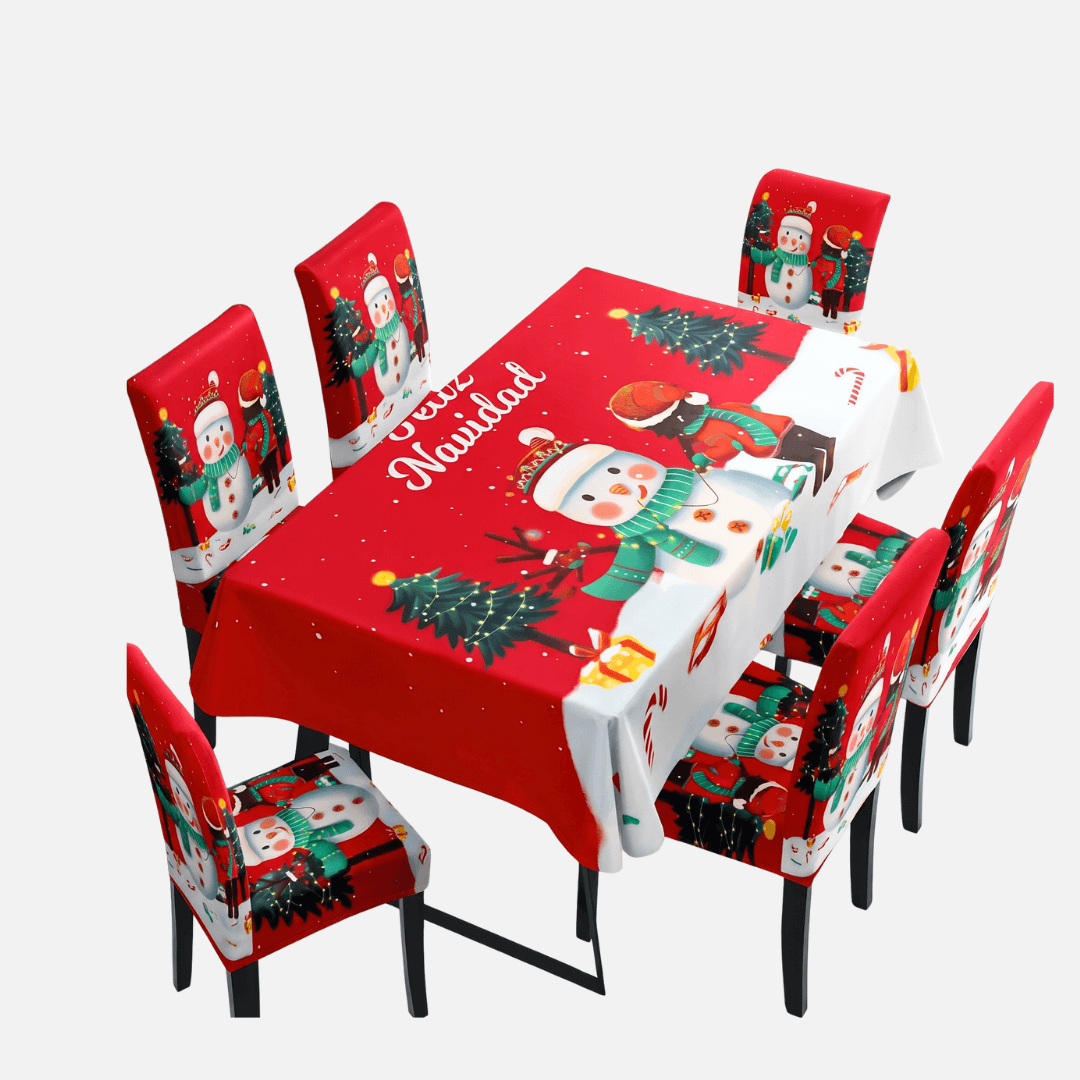 Set Navideño de Mantel y 6 Fundas para Sillas – 7 Piezas