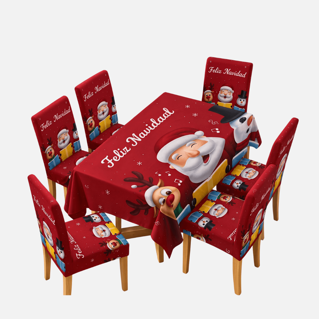 Set Navideño de Mantel y 6 Fundas para Sillas – 7 Piezas