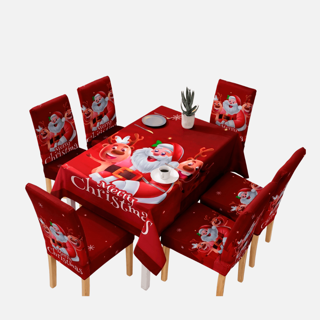 Set Navideño de Mantel y 6 Fundas para Sillas – 7 Piezas