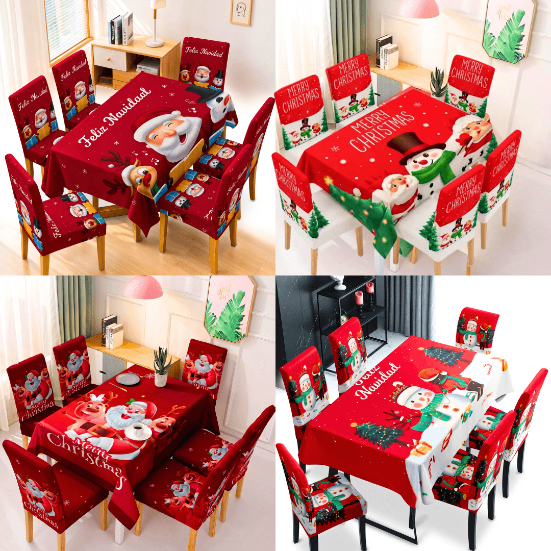 Set Navideño de Mantel y 6 Fundas para Sillas – 7 Piezas